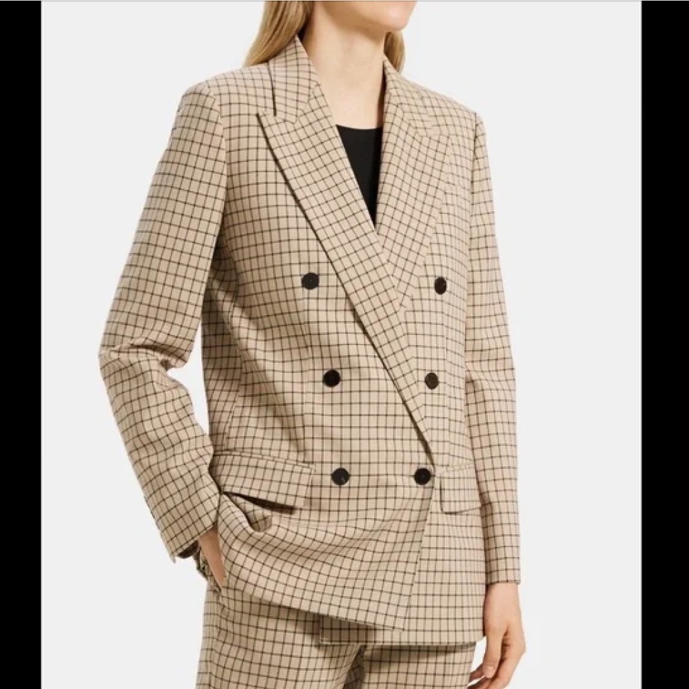 Theory Wheat Grid Pattern Wool Blend Double-Breas… - image 1